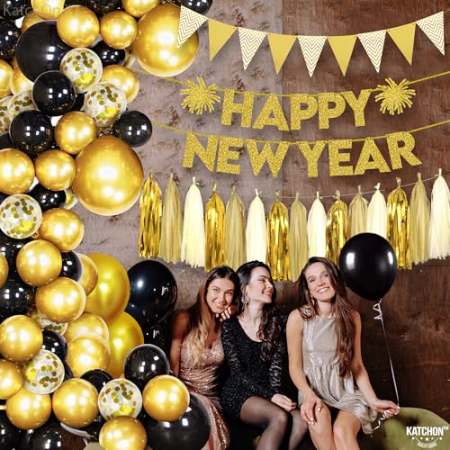 KatchOn, Happy New Year Gold Star Garland - Large, Pack of 99 | New Year Balloon Garland Kit, Happy New Year Decorations 2024, NYE Decorations 2024 | Foil Tassel Garland for NYE decorations 2024