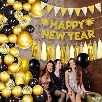 KatchOn, Happy New Year Gold Star Garland - Large, Pack of 99 | New Year Balloon Garland Kit, Happy New Year Decorations 2024, NYE Decorations 2024 | Foil Tassel Garland for NYE decorations 2024