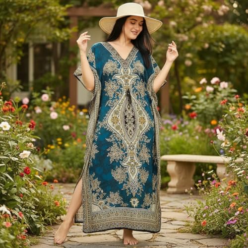 Women's Kaftan Dress – Loose Fit Maxi Gown – Kimono Style Beach Cover Up – Elegant Resort Wear and Nightwear - color: Teal Blue