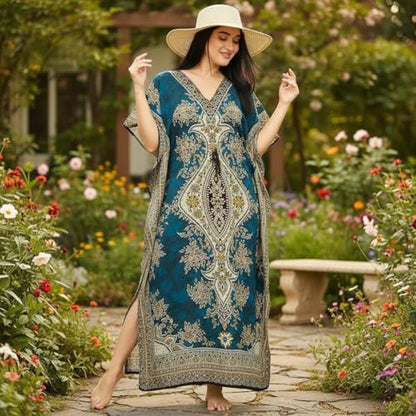 Women's Kaftan Dress – Loose Fit Maxi Gown – Kimono Style Beach Cover Up – Elegant Resort Wear and Nightwear - color: Teal Blue