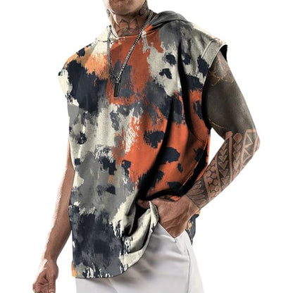 domirica Mens Relaxed Hooded Tank Tops Abstract Print Crewneck Casual Breathable Summer Fitness Sleeveless Shirt - color: Leopard, size: 4X-Large