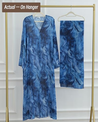 Modest Cardigan Set Women Muslim Dress with Soft Hijab Scarf Islamic Outfits Open Abaya For Eid, Ramadan, Umrah, Hajj - color: Blue, size: XL(58)