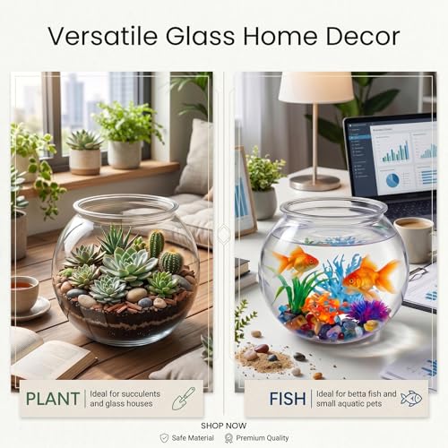 1 Gallon Clear Plastic Fish Bowl Kit with Coral, Artificial Plants & Stones | for Betta Fish, for Desk Decor, Vases and Party Displays