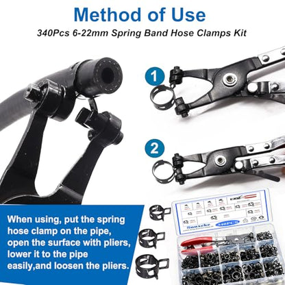 340Pcs 6-22mm Spring Band Hose Clamps Kit,12 Sizes Spring Pipe Clamps with Swivel Flat Hose Clamp Plier,Low Pressure Air Clip Strap Clamp for Silicone Vacuum Hose Clamp Fuel Line Clamps - color: Black-340pcs + Plier