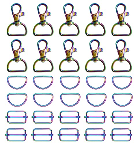 WAFJAMF Metal Snap Hook Rings Bulk Pack, Max 30 Pcs - Swivel Clasp Buckle, Non-Welded D Ring, Adjustable Rectangular Buckle (1' Inside Width Rainbow) - color: Rainbow, size: 1” Inside Width