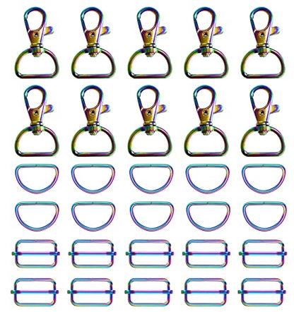 WAFJAMF Metal Snap Hook Rings Bulk Pack, Max 30 Pcs - Swivel Clasp Buckle, Non-Welded D Ring, Adjustable Rectangular Buckle (1' Inside Width Rainbow) - color: Rainbow, size: 1” Inside Width