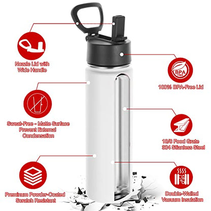 Volhoply Insulated Water Bottles with Straw Bulk 4 Pack, Not Suitable for Sublimation, 22 oz Stainless Steel Double Walled Vacuum Sports Bottle with Handle Lid,(White,4 Set) - color: White
