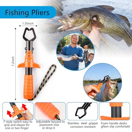 Fishing Gear Tool Kit, Fishing Backpack, Black Tackle Bag with Telescopic Net, Orange Tools Gripper Pliers Knife and Digital Scale, Fish Gifts Men Women