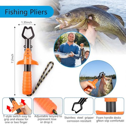 Fishing Gear Tool Kit, Fishing Backpack, Black Tackle Bag with Telescopic Net, Orange Tools Gripper Pliers Knife and Digital Scale, Fish Gifts Men Women