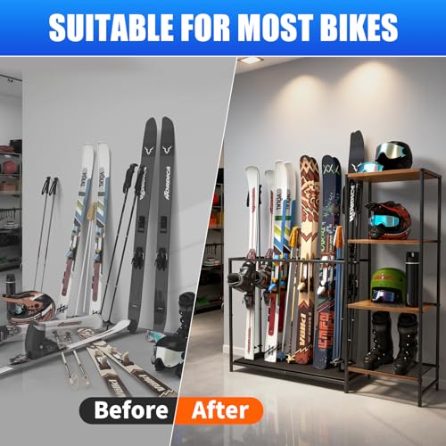 Freestanding Ski Rack, Ski Storage Rack w/Width-Adjustable Bars, Ski & Snowboard Rack Organizer for Garage, Home