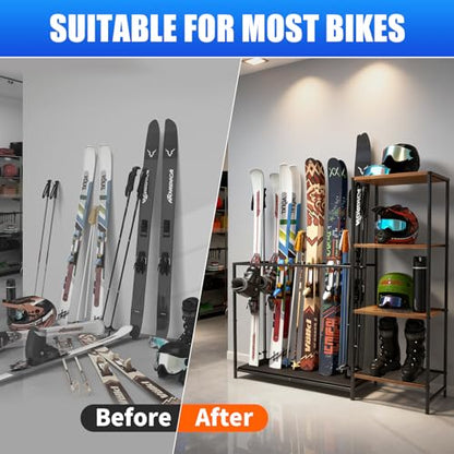 Freestanding Ski Rack, Ski Storage Rack w/Width-Adjustable Bars, Ski & Snowboard Rack Organizer for Garage, Home