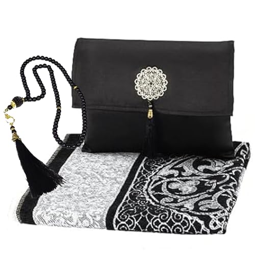 Black Portable Prayer Mat with Gift Box & Tasbih - Prien Turkish Islamic Prayer Rug for Men & Women - Travel Janamaz for Office & Commute - Washable & Foldable Mubarak Design - color: Black