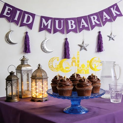 Eid Mubarak Cupcake Toppers, 24 PCS Gold Glitter Moon Star Happy Eid Cupcake Picks, Muslim Islamic Themed Food Toppers Cake Decorations for Eid Mubarak Ramadan Party Supplies