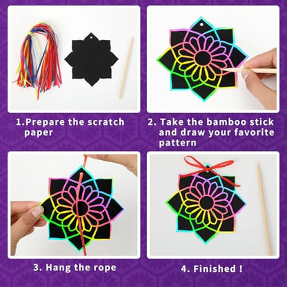 FEBSNOW 48Pcs Ramadan Crafts for Kids Magic Rainbow Scratch Paper Art Set | School Classroom Ramadan Activities, Kids DIY Eid Craft Projects, Magic Hanging Scratch Ornaments, Holiday Party Favors - style: Ramadan