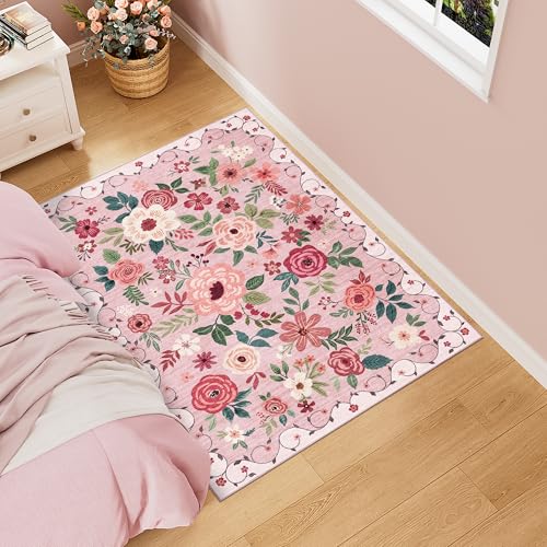 DUKINO 3x4 Area Rug, Floral Washable Rug for Kitchen Non Slip, Pink - color: Pink, size: 3' x 4' (Rectangular)
