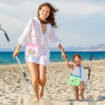 2 Pack Sand Sifter, Beach Shark Tooth Sifter Shell Scooper with Two Bags | Shell Scooper for Beach Dipper Scoop with Long Adjustable Handle Shovel Tool for Picking Up Shells Shovels - size: 2 Pieces Sifter + 2 Pieces Bag