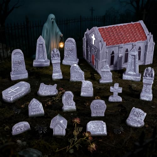 Rileryan 20 PCS Miniature Gravestone Tombstones Figurines | DIY Graveyard Cemetery Scenes Gargoyle Church for Halloween Village Decorations Accessories Haunted Scenery Terrain