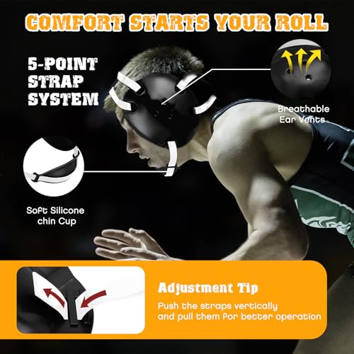 Halloscume Kids Wrestling Headgear with Adjustable Ear Guard Straps MMA Jiu Jitsu Grappling Protective Headgear for Youth Adults Men Women Comfortable Training & Tournament - color: Black/White