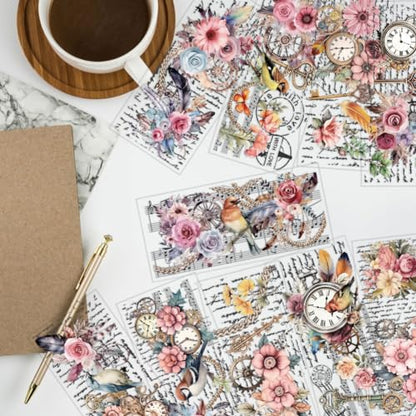 arricraft 10 Sheets UV DTF Cup Wrap, 10 Styles Vintage Flower Bird Clock Words Rub on Transfers PVC Transfer Stickers Waterproof Rub Decals for DIY 16OZ Glass Cups Furniture Wood - style: Vintage