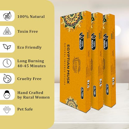 Raajsee Egyptian Musk Incense Sticks 100 Gm Pack-100% Pure Organic Natural Hand Rolled Free from Chemicals-for Church,Aroma Therapy,Relaxation,Meditation & Sensual Therapy - color: Egyptian Musk