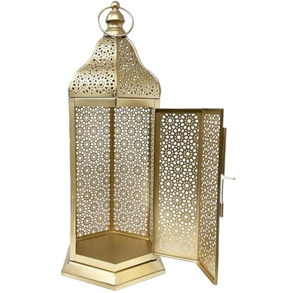 VELA LANTERNS 16" Champagne Gold Moroccan Decorative Candle Lantern – Metal Hexagon Lantern for Table or Hanging, Ramadan Turkish Islamic Decor, Wedding Centerpiece, Indoor Home Patio Lighting