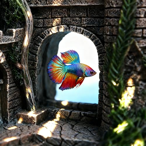 Aquarium Resin Castle Decoration, Air Bubbler Stone Cave Hideout House for Betta Fish, Shrimp & Turtles, Fish Tank Ornament Accessories for Breeding, Playing & Resting ，Decorative Bubbling Castle