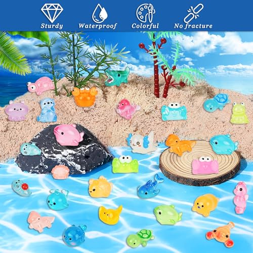 100pcs Mini Resin Ocean Animals, 70 Styles Mini Sea Creatures Glow in the Dark, Mini Ocean Animals Figures for Micro Fairy Garden, DIY Fish Tank, Landscape, Aquarium Ornaments