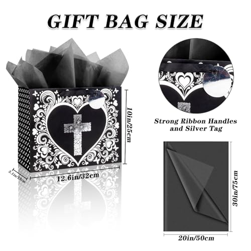 JWSCYSY 12.6" Large Black Gift Bag with Metallic Gold Floral Cross Design, Card and Tissue Paper for Baby Boy, Girl Baptisms, Christenings, First Communions Religious - color: Black 12.6"