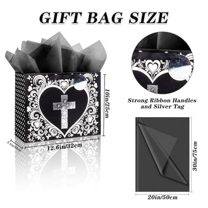 JWSCYSY 12.6" Large Black Gift Bag with Metallic Gold Floral Cross Design, Card and Tissue Paper for Baby Boy, Girl Baptisms, Christenings, First Communions Religious - color: Black 12.6"