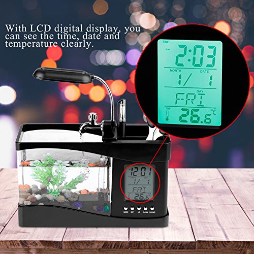 Mini Fish , Multifunctional USB Rechargeable Fish Desktop Electronic Aquarium with Clock Function LED Light Pen Holder for Office, Home