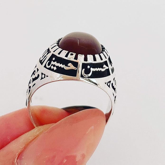 Islamic Sterling Silver Ring with Black Yemeni Aqeeq Stone, 925 Silver Religious Engraved Design, Ahlulbayt Muslim Prayer Jewelry for Men and Women,islamic ring,islamic men wowan ring - color: Red Yemeni Agate