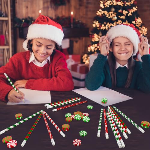 Cinrobiye 100 PCS Christmas Pencils Bulk,Christmas Candy Cane Writing Pencils with Eraser Xmas Stationery Pencil for Holiday School Party Favors Stocking Stuffers Classrooms Student Rewards - style: Pencils