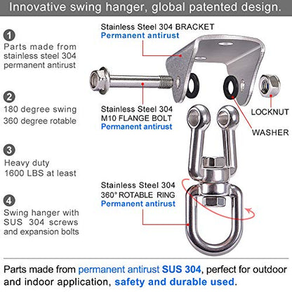 SELEWARE Heavy Duty Swing Hanging Kit: 1000LB Capacity Stainless Steel Swing Chains + Ceiling Mount with Swivel Hook for Hammocks, Punching Bags, Yoga Swings & Playground Sets