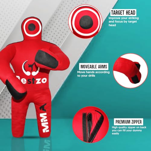 Bestzo Kids MMA Grappling Dummy - Unfilled Canvas Wrestling & BJJ Training Partner for Karate, Judo & Boxing (48-Inch) - color: Black Red