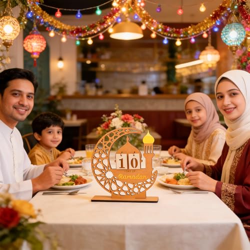 DPKOW Wooden Ramadan Advent Calendar Gifts Ramadan Decorations for Home, Crescent Mosque Countdown Calendar with Number Plates for Islamic Muslim Party Table Decor Moon Tabletop Decorations for Home