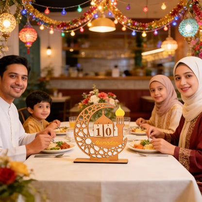 DPKOW Wooden Ramadan Advent Calendar Gifts Ramadan Decorations for Home, Crescent Mosque Countdown Calendar with Number Plates for Islamic Muslim Party Table Decor Moon Tabletop Decorations for Home