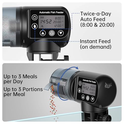 AQQA Automatic Fish Feeder for Aquarium, Moisture-Proof LCD Timer Dispenser | 200ML Large Capacity Fish Food Dispenser, Auto Feeder for Vacation, Betta Turtle Koi Goldfish Small Tank