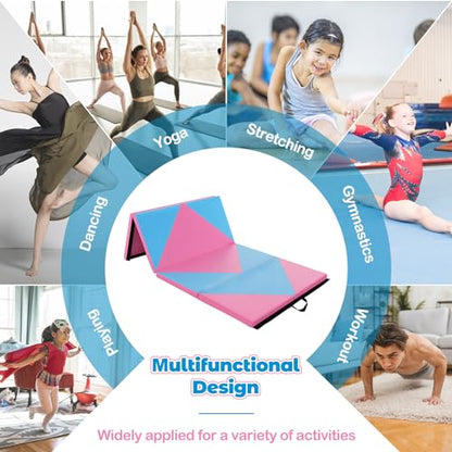 Giantex 4'x8' Gymnastics Mat, 2" Thick Folding Tumbling Mat with Carrying Handles, Foldable Gym Mat with Hook and Loop Fastener, Cheer Mats for Kids Adults Home Exercise Aerobics Fitness - color: Rose/Blue