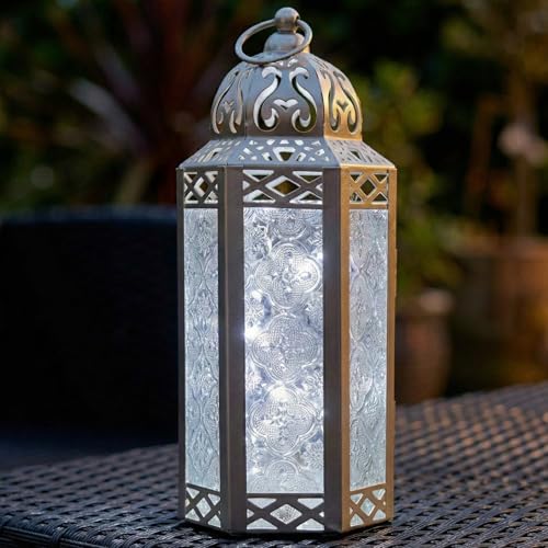 Vela Lanterns Decorative Indoor Fairy Light Candle Holder, White Gold, M | Wedding Table Centerpieces, Ramadan & Eid Mubarak Decorations, Turkish Moroccan Metal Hanging Lamp, Patio, 10.5" Tall - color: White Gold/Clear, size: Medium