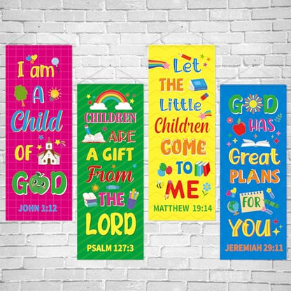 Panelee 4 Pcs Church Banners for Sanctuary Wall Rainbow Cartoon Church Banners with Scripture Inspirational Religious Praise Bible Verses Hanging Backdrop Signs for Sunday School Worship Decoration - style: Bible Cartoon