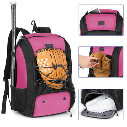 MATEIN Baseball Backpack, Softball Bat Bag with Shoes Compartment for Youth, Boys and Adult, Lightweight Baseball Bag with Fence Hook Hold TBall Bat, Batting Mitten, Helmet, Caps, Teeball Gear - color: Pink Black, size: 47L