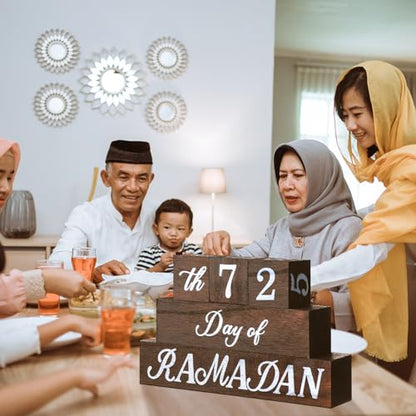 GlikCeil 5 Pcs Eid Mubarak Calendar Block Set Ramadan Advent Countdown Eid Calendar Countdown Blocks Wood Sign for Decorations Ramadan Wooden Tabletop Ornament Home Table Decor, Brown