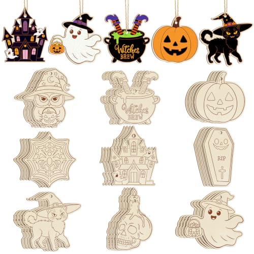 36PCS Wooden Halloween Ornaments to Paint Fall Decorations Crafts for Kids, 9 Styles DIY Blank Autumn Unfinished Wood Skull Pumpkin Ghost Bat Witch Feet Halloween Cutouts for Party Hanging - color: Halloween Elf Cutouts