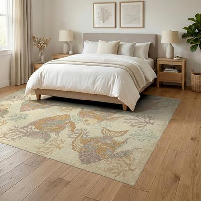 6'x9' Washable Beachy Fish Area Rug, Beige Foldable Non-Slip Large Carpet for Queen Size Bedroom, Under Bed, Master Bedroom, Foldable Easy Care Carpet| Ref:1885581 - color: Beige/Pattern 44, size: 6' x 9' (Rectangular)