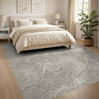 8'x10' Washable Modern Shell Large Rug, Light Beige Non-Shedding Pet Friendly Carpet for King Size Bedroom, Master Suite, Under Bed, Foldable Easy Care Mat | Ref:1903052 - color: Beige/Pattern 14, size: 8' x 10' (Rectangular)