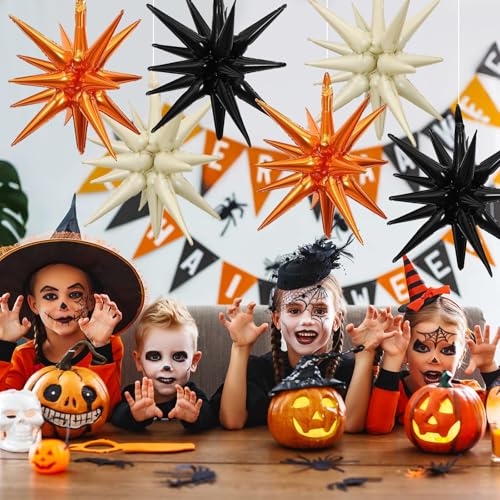 Black Orange Cream White Star Balloons, 6PCS 22 Inch Foil Explosion Balloon - color: Black Orange Cream