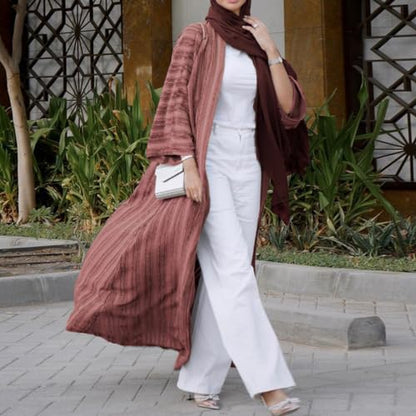 Womens Muslim Kimono Abaya Solid Striped Retro Ethnic Cardigan Robe Dubai Middle Eastern Saudi Arabia Eid Clothes - color: Brick Red Long Cardigan, size: XX-Large