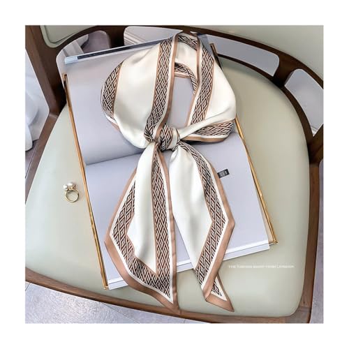 Silk Feeling Head Scarf Fashion Satin Hair Scarf Square Long Scarves for Women Gifts - color: 02 Coffee White 5.12 X 59 Inch