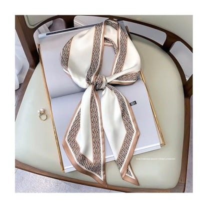 Silk Feeling Head Scarf Fashion Satin Hair Scarf Square Long Scarves for Women Gifts - color: 02 Coffee White 5.12 X 59 Inch