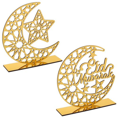 2 Pieces Acrylic Ramadan Decorations Islamic Eid Mubarak Kareem Table Sign Moon Hollow Star Ornament for Muslim Party Tabletop Decor Home Art Craft Decoration Golden Moon - style: Star